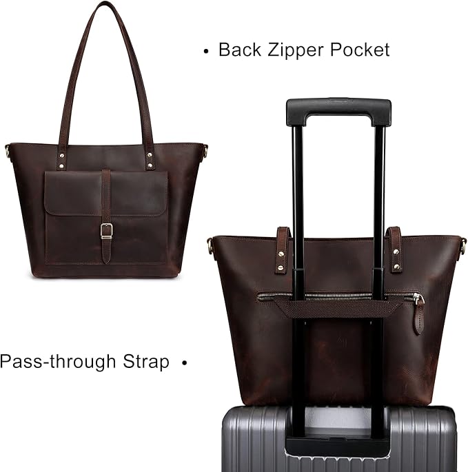 S-ZONE Women Vintage Genuine Leather Tote Bag Large Shoulder Purse Work | 14" Padded Laptop Compartment, Detachable Long Strap, Luggage Strap, Multi Pockets, Travel Everyday - Image 6