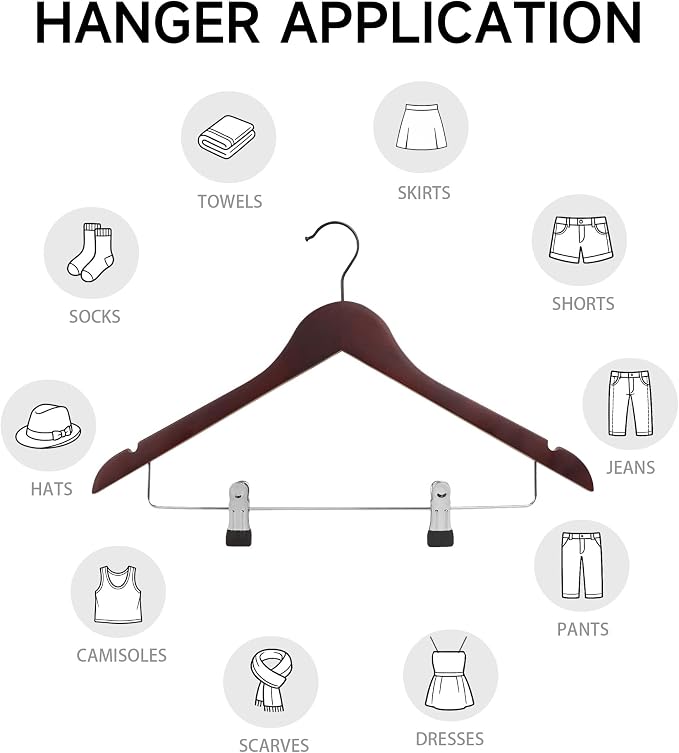 Wooden Hangers with Adjustable Metal Clips, 72-Pack, Dark Cherry | Solid Wood Hangers with 360° Rotatable Hook for Skirt, Dress, Coats, Jacket and Pants, Space-Saving and Non-Slip Design - Image 5
