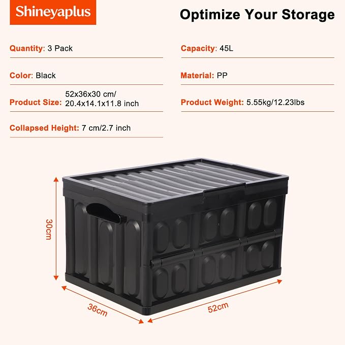 3-Pack Plastic Collapsible Storage Bins with Lids, | 45L Stackable Plastic Crates for Storage, Holds 55 lbs Per Bins, Heavy Duty Containers for Home Organizing, Tools & Camping - Image 2