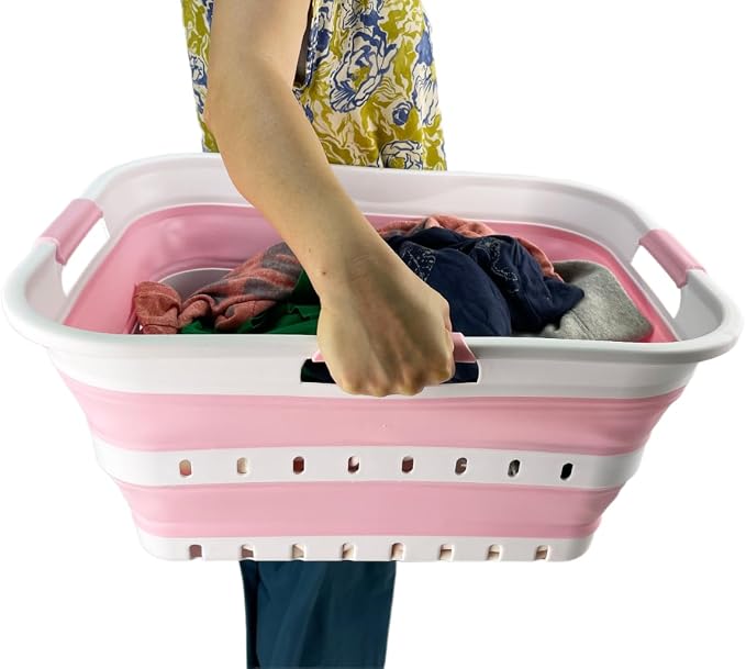 SAMMART 42 (11 Gallons) Collapsible Plastic Laundry Basket, Foldable Pop Up Storage Container/Organizer, Space Saving Hamper, Portable Bin for Dorm Room Bathroom (2, White/Cherry Pink) - Image 5