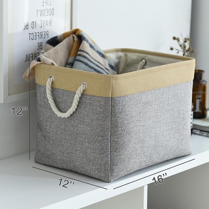 Storage Basket for Organizing - Fabric Large Cubes 3 Pack 16x12x12 inch Baskets, Cube Storage Bin for Shelves Organizer Closet Cloth Gift Toy (Gold & Grey) - Image 5