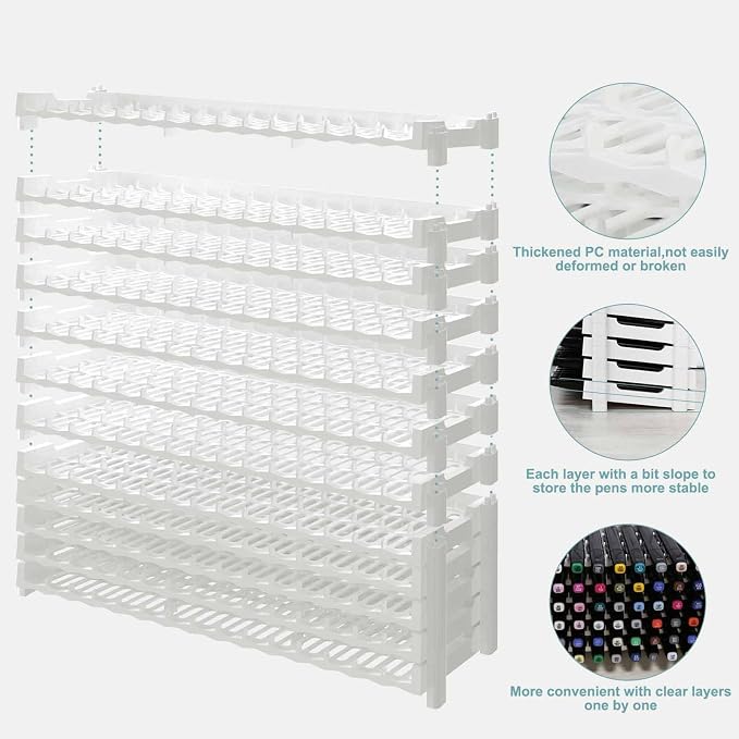 12 layers Universal Marker Storage Trays, Penholder Display for 180 Pens SN01W Pencil Organizer Holder for Desk (White-12 layers) - Image 2