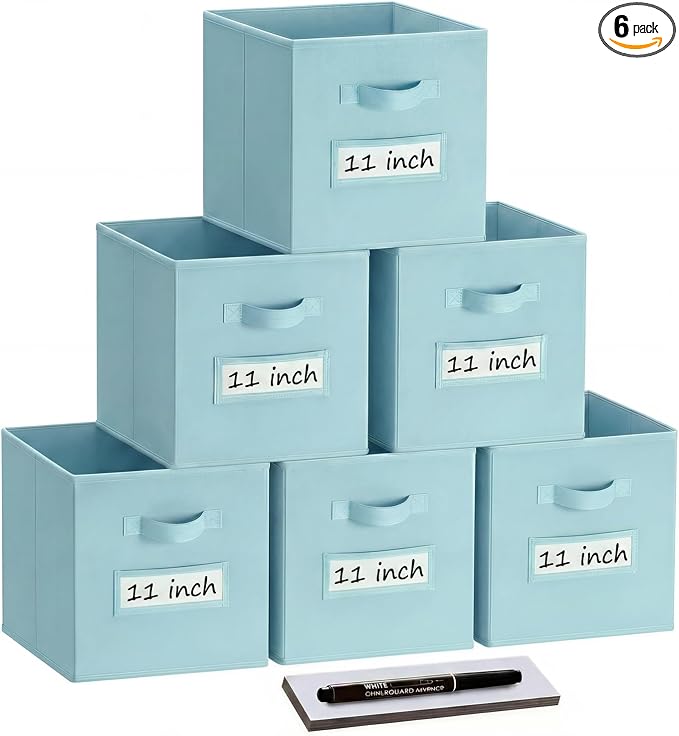 Storage Bins,11 Inch Cube Storage Bin with Labels,6pcs,Sky Blue | Fabric Storage Cubes for Shelves,11 Inch storage cube bins with 6 Labels Window Cards & a Pen. by Anyoneer