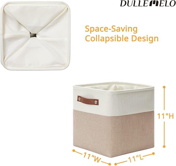 DULLEMELO 11 inch Cube Storage Bins, Large Collapsible Grey Storage Baskets for Square Cubes Organizing, Fabric Boxes Bins for Shelves Nursery Home Office Storage(4 Pack - 11" White&Khaki) - Image 2