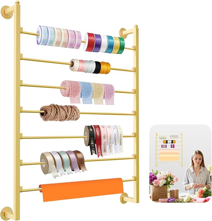 7-Tier Wall Mount Ribbon Holder Organizer Rack | Large Capacity Metal Ribbon Storage for Craft Room, Wrapping Paper, Scarf, Belt & Flower Shop Display by Unknown