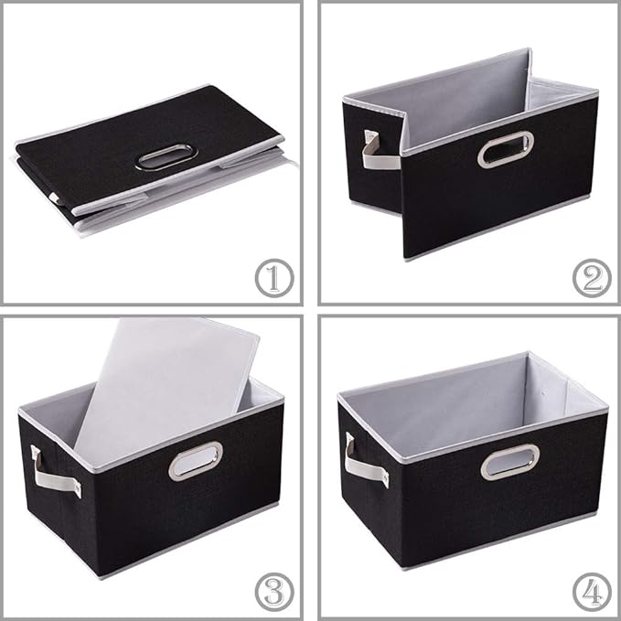 Larger Collapsible Storage Bins for Closet [3-pack] Decorative Linen Fabric Storage Baskets Cubes with Leather/Metal Handles for Living Room Black (17.3x12.2x10.4 Inch) - Image 5