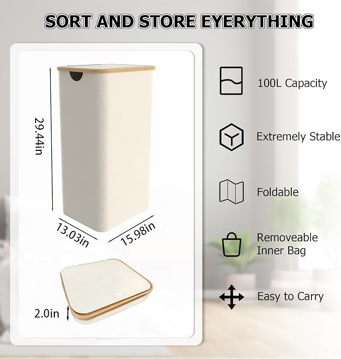 Laundry Hamper with Lid, 100L Tall Laundry Basket with Handles, Dirty Clothes Hamper with Removable Laundry Bag for Bathroom Bedroom Dorm Room Clothes Toys Towels (100L Beige) - Image 3