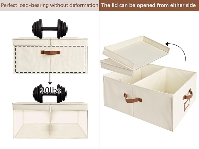 StorageWorks Extra Large Storage Bins with Double-Open Lid, 55L Fabric Baskets with Divider Board, Boxes for Clothes, Linen Closet Organizers with Handles, Ivory White, 2-Pack - Image 3