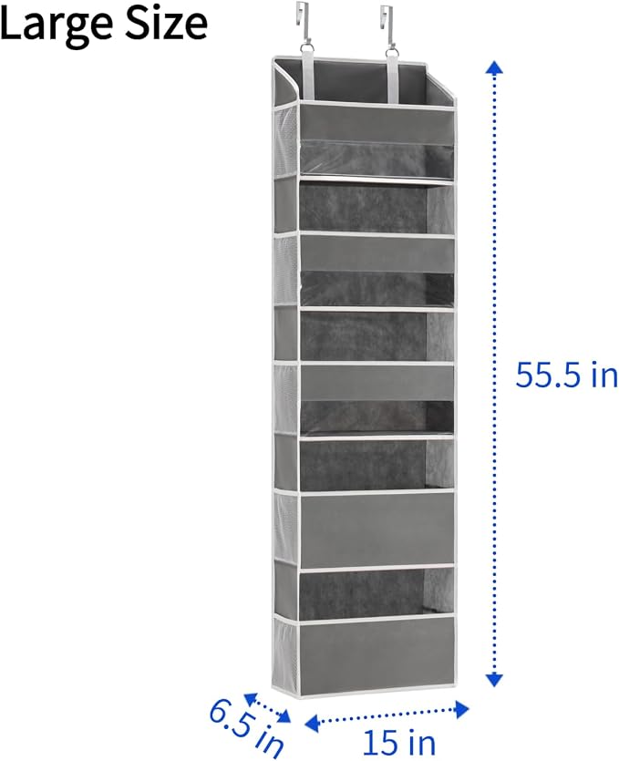 5 Tiers Over The Door Organizer Hanging for Closet (Grey, 2pcs) | EXTRA THICK & 50lbs HUGE CAPACITY, 10 Side Mesh Pockets Over The Door Shoe Organizer,Diaper Organizer, Bedroom, Bathroom - Image 3