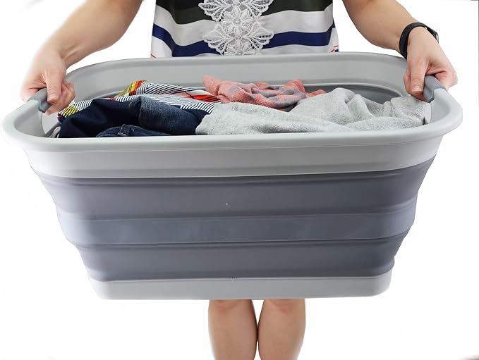 SAMMART 42L(11 gallon) Collapsible Plastic Laundry Basket-Foldable Pop Up Storage Container/Organizer-Portable Washing Tub-Space Saving,Water capacity 34L(9 gallon) (1 Rectangular - strengthen, Grey) - Image 7