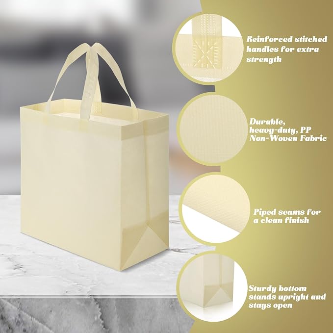 Reginary 100 PCS Non Woven Tote Bags Bulk,Beige | Reusable Shopping Bags with Handles, Stores, Groceries Markets, Events Gift, Party Supplies - Image 4