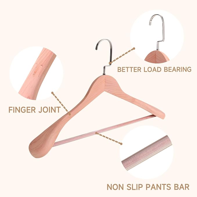 Wooden Suit Hangers with Non Slip Pants Bar, Cedar Wood, 36-Pack, 16" | Wood Extra-Wide Shoulder Hangers, Flat-Head Hook Hangers for Suits, Coats, Jackets, Shirts, Pants, and Heavy Clothes - Image 4