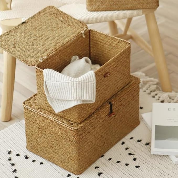 Wicker Basket with Lid, Seagrass Storage Basket, Woven Baskets for Storage, Decorative Storage Baskets for Shelf Organizing, Natural - Image 8