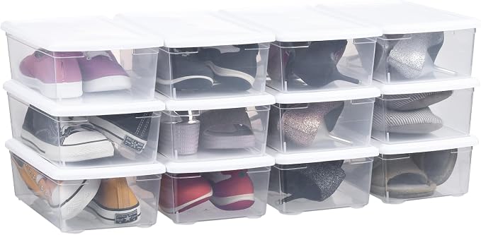 6 Quart Stackable Plastic Storage Shoebox, BPA-Free Nestable Container with Latching Lid to Organize Shoes, See-Through Box for Home and Office, Multi-Purpose Clear Bins (White, 12 Pack) by OMNISAFE