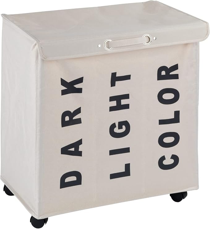 WENKO Trivo Laundry Sorter with 3 Sections (Dark, Light, Color), Laundry Basket on Wheels with Handle, Laundry Hamper with Lid, Beige, 30.6 gal, 22 x 23.6 x 13.8 in by Wenko%2C+Inc.