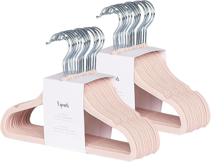 3 Sprouts Velvet Baby Hangers, Non Slip Slim, Pink, 30 Pack | Non-slip velvet, Notched shoulders, 360-degree swivel hook, 11.75 x 8 in, Infant and toddler clothes, Soft colors for nursery by 3Sprouts
