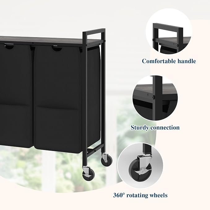 Garvee Rolling Laundry Hamper with Shelf, 3-Section Laundry Sorter with Removable Bags & Wheels, Heavy Duty Clothes Basket Organizer for Laundry Room, Bathroom, Bedroom, Greige & Black, 120L | Laundry Sorter with Removable Bags & Wheels, Heavy Duty Clo... - Image 5