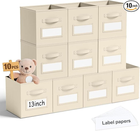 Teenyyou 10 Pack Fabric Storage Cubes 13 Inch Collapsible Cube Bins with Label Window & Handle Foldable Organizers Baskets for Shelf Closet Nursery Kids Room Clothes Book Toy(Beige) by Teenyyou
