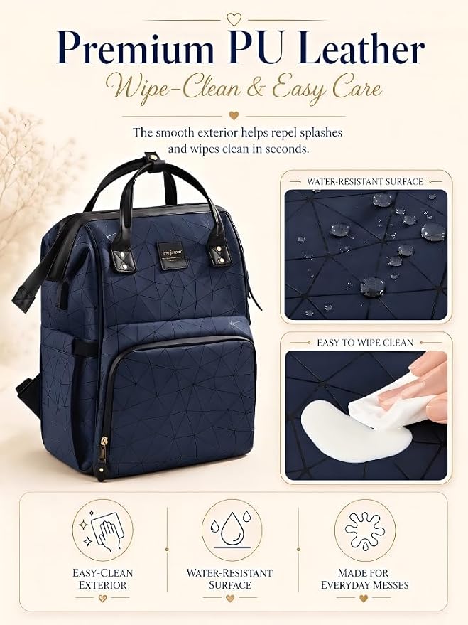 Diaper Bag Backpack, Unisex PU Leather, Very Dark Navy Blue, 16 Pockets, Insulated 3-Bottle Front, Removable Divider, Rear Zip Access, Wipes Dispenser, Stroller Straps, Luggage Sleeve - Image 4
