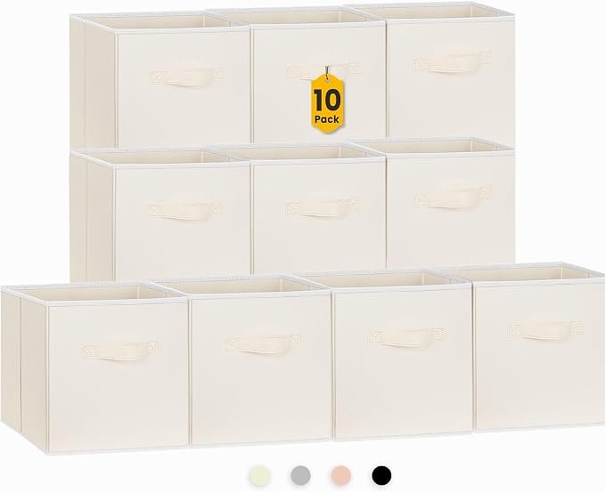 Storage Cubes, 11 Inch Clothes Storage Bins with Dual Handles (10 Pack), Fabric Collapsible Storage Bins for Shelves Closet, Cubby Organizer Bins for Clothing Toys Blanket Magazines (Beige) by Criusia