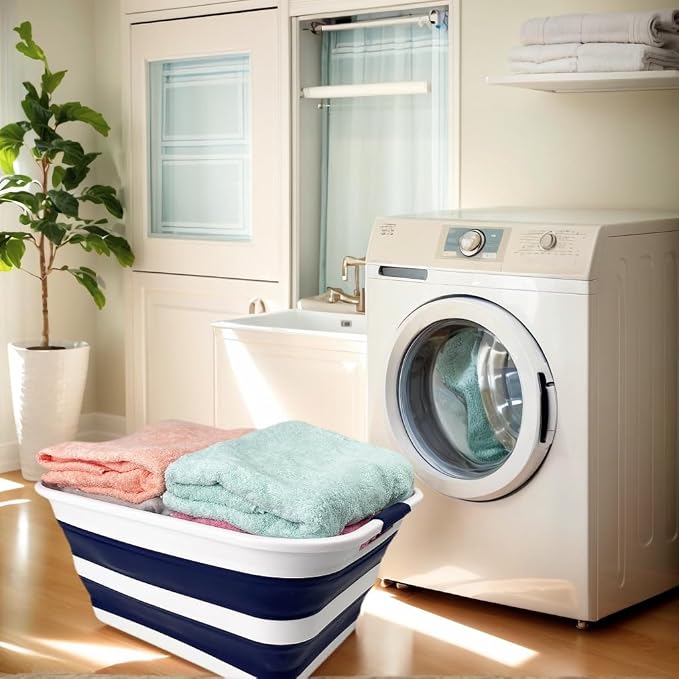 SAMMART Collapsible Plastic Laundry Basket with Handle/Foldable Pop Up Storage Hamper/Portable Laundry Organizer-Space Saving Washing Tub/Household Storage (White/Starry Blue, 42L) - Image 6