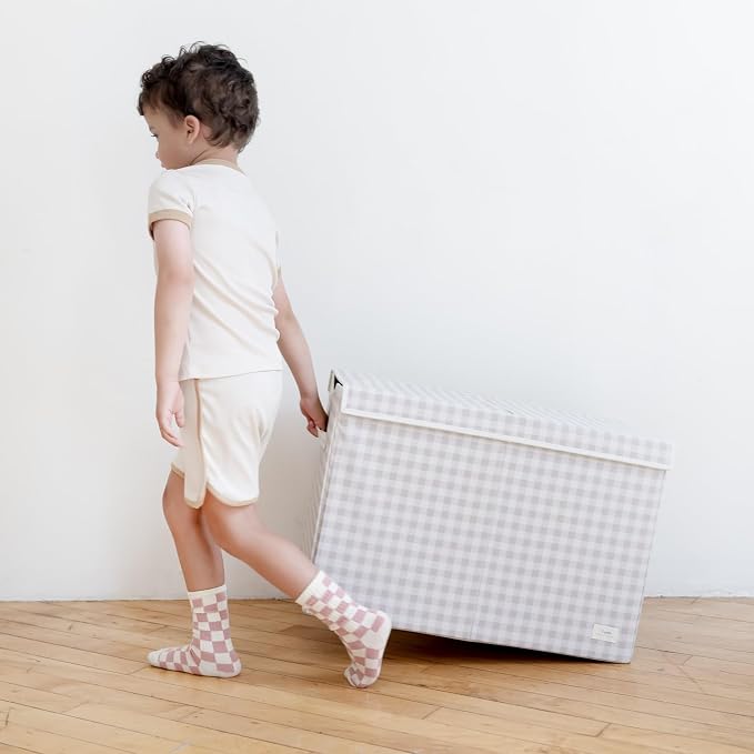 3 Sprouts Recycled Fabric Toy Chest, Extra Large, With Lid, Gingham Beige | Recycled fabric, Extra large storage box, Lid included, Collapsible, Sturdy toy bins, Kids bedroom or playroom, Lightweight - Image 6