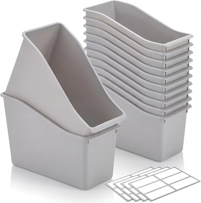 Geetery 6 Pcs Book Bin for Classroom with Labels Stackable Plastic Organizing Bins 11.5 x 5.4 x 7.5 in Book Holders Storage Bins Box Baskets for Classroom Library Home (Grey) by Geetery