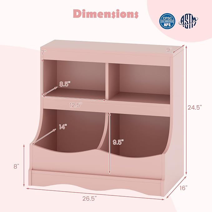 HONEY JOY Kids Toy Storage Organizer, 4-Cubby Wooden Bookcase Cabinet, 2-Tier Open Daycare Shelf for Preschool, Kids Display Bookshelf for Bedroom, Playroom, Classroom & Nursery (Pink) - Image 3