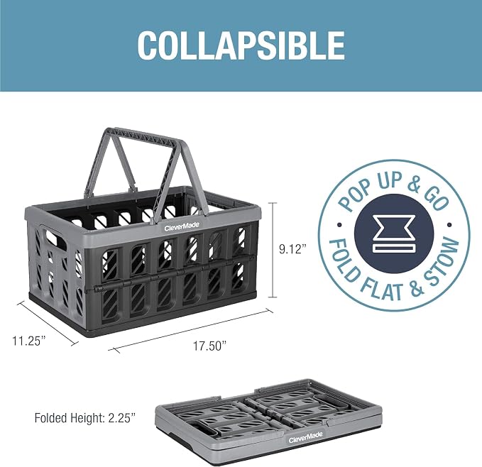 CleverMade Eco Collapsible Shopping Basket with Handles, 24L Stone, 3 Pack | Keep Groceries Upright in the Car | Rigid Walls Carry 25 lb Each, Stack Securely, and Fold to 2.25 Inches for Storage - Image 2