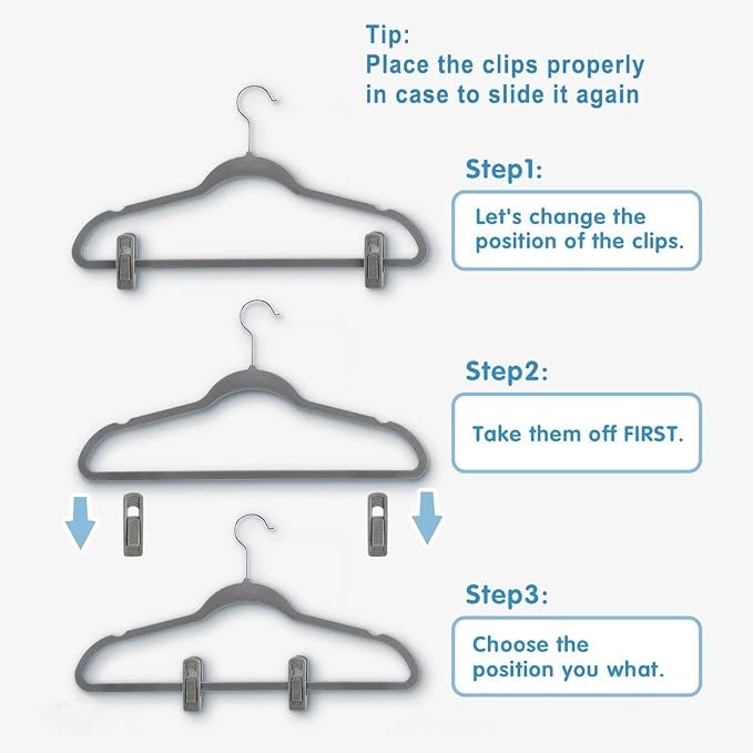 TOFIIGREM Grey Hanger Clips for Velvet Hangers - 40 PCS Gray Nonslip Velvet Hanger Clips, Skirt Hanger Flocking Clips Fit for Slim Velvet Hangers - Image 8