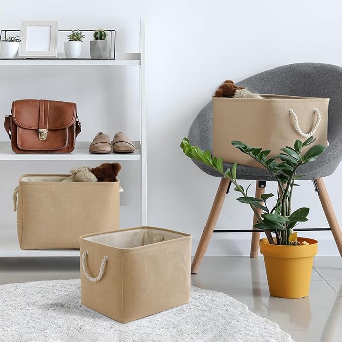 Organization and Storage Basket for Organizing - 3 Pack 16x12x12 inch Cube Fabric Storage Cubes, Storage Bin for Shelves Gift Closet Organizer Cloth Toy (Beige) - Image 2