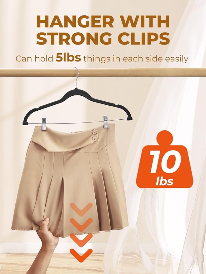 HOUSE DAY Velvet Skirt Hangers 48 Pack, Black Hanger with Adjustable Clips | Space Saving Slim Felt Pant Hanger, Heavy Duty Shorts Hanger, Non Slip Clip Hangars for Pants, Skirts, Shorts, Outfit - Image 3