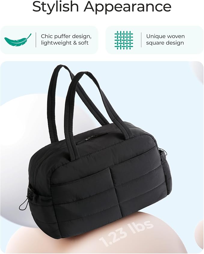 BAGSMART Gym Bag for Women, Lightweight Puffer Duffle Bag 2-PC Travel Bag, 31L Weekender Overnight Bag Quilted Carry On Tote Bag, Diaper Hospital Dance Bag for Travel, Gym, Water Resistant, Black - Image 7