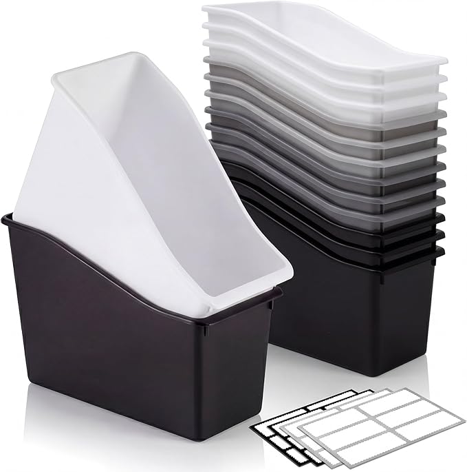 Geetery 24 Pcs Book Bin for Classroom with Labels Stackable Plastic Organizing Bins 11.5 x 5.4 x 7.5 in Book Holders Storage Bins Box Baskets for Classroom Library Home (Simple Color) by Geetery