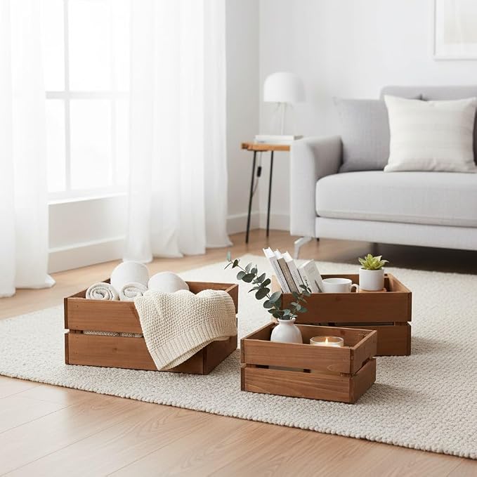 Set of 3 Rustic Wooden Storage Crates - Vintage Wood Storage Boxes with Handle for Home Organization Wooden Container Boxes Wood Baskets for Display Kitchen Pantry Cabinet Shelf Counter Home Decor - Image 6