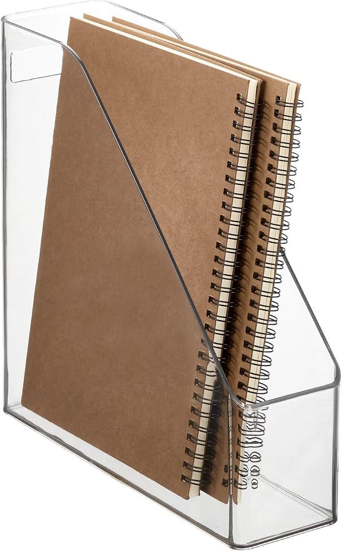 mDesign Plastic Slim Vertical File Folder Storage Organizer Bin with Handle - Hold Notebooks, Binders, Envelopes, Magazines for Home Office, Work Desktops, Ligne Collection, 2 Pack, Clear - Image 5