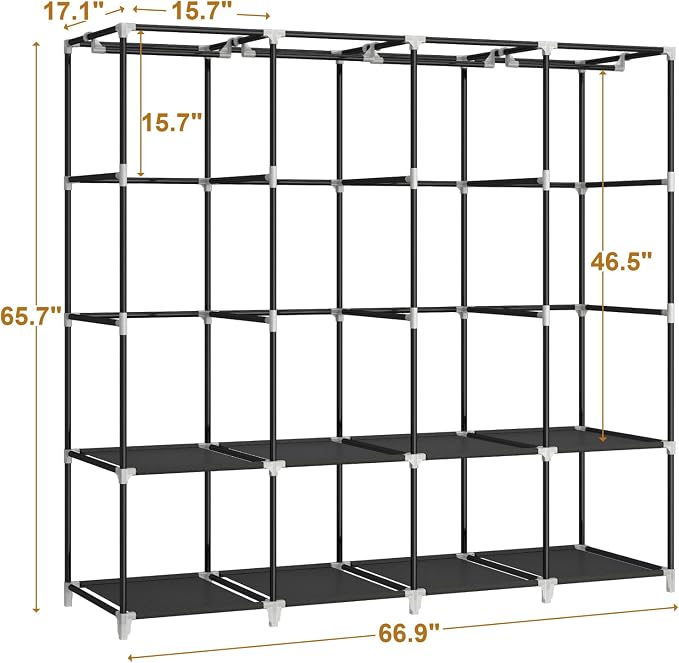 67" Portable Wardrobe Closet for Hanging Clothes Large Capacity for Bedroom | Non-woven Fabric Cover, 4 Clothes Hanging Rods, 8 Storage Shelves, Black - Image 7
