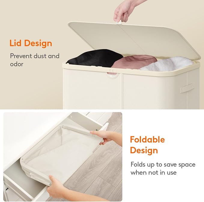 Lifewit 185L 3 Section Laundry Hamper with Lid, Laundry Basket, White | Large Foldable Laundry Sorter with 3 Removable Bags, Tall Clothes Hamper for Bedroom and Bathroom - Image 8