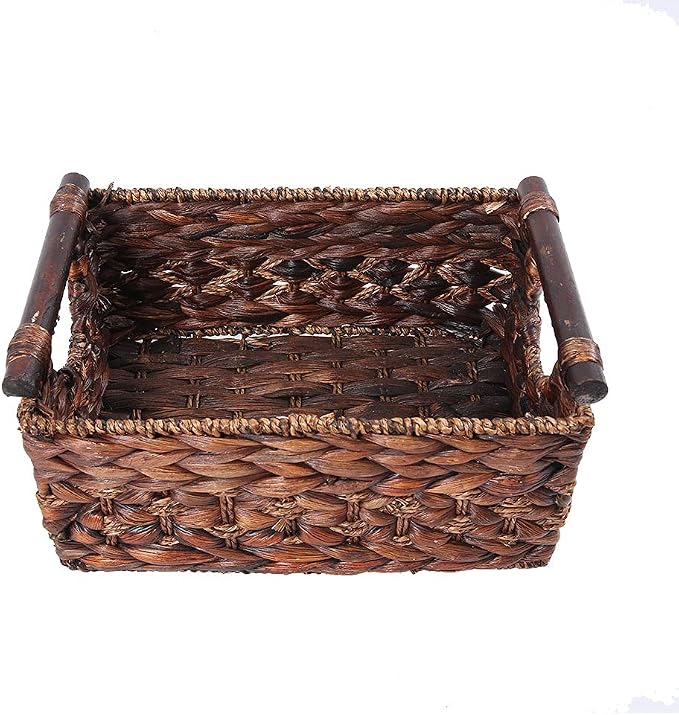 Water Hyacinth Wicker Storage Basket with Wood Handles, Medium | Rectangular dark brown woven rattan basket, for shelves, kitchen countertops, closet, holds magazines, toilet paper - Image 3