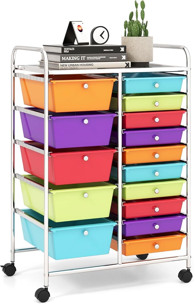 15 Drawer Rolling Storage Cart, Rolling Cart with Drawers for Classroom, Art Supply Craft Organizer on Wheel with Metal Frame & Handles for Home Office School by LDAILY