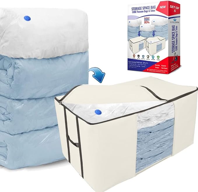Vacuum Storage Bags, Cube Space Saver Bags, Bedding Space Saving Organizer | Premium Totes & Cubic Vacuum Compression Seal Bags for Clothing. Jumbo Organizer, Storing Comforters Blankets Pillows Clothes by KingdomHome