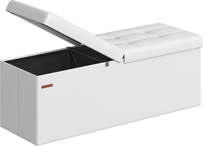 SONGMICS MAZIE Collection - 43 Inches Storage Ottoman Bench with Flipping Lid, Storage Chest with Iron Frame Support, Load 660 lb, for Living Room, Bedroom, Synthetic Leather, White ULSF75WT by Unknown