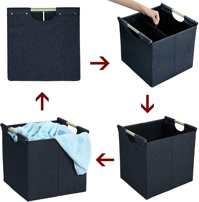 HOONEX Collapsible Storage Bins, 13x13x13in Storage Cubes Linen Fabric, 3 Pack, Storage Baskets with Wooden Carry Handles and Sturdy Heavy Cardboard, for Home, Office, Car, Nursery, Dark Grey - Image 6