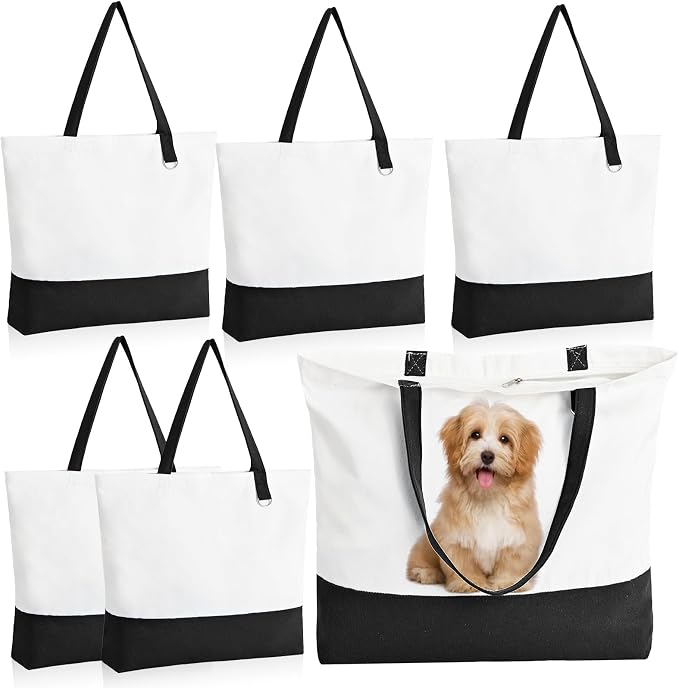 6-Pack Canvas Tote Bags with Zipper, Large Reusable Grocery Tote Bluk | Blank bags, washable, inner pocket, flat bottom, sturdy handle, for sublimation DIY/transfer, travel/beach/Christmas crafts by HWJH