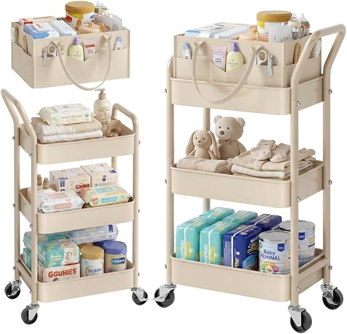 Baby Diaper Caddy Organizer Cart with Detachable Dividers, 3 Tier Metal Bedside Storage Rolling Cart with Wheels for Nursery, Postpartum Cart and Organizers for Newborn Essentials & Supplies (Oatmeal) by Recximi