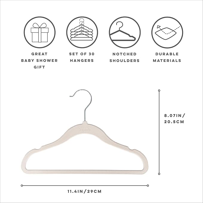 3 Sprouts Velvet Baby Hangers, Non Slip Slim, Cream/Gray/Hazelnut, 30 Pack | Non-slip velvet, Notched shoulders, 360-degree swivel hook, 11.75 x 8 in, Infant and toddler clothes, Soft colors for nursery - Image 2