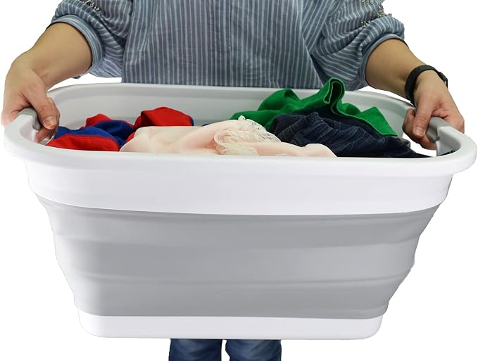 SAMMART 36L (9.5 gallon) Collapsible Plastic Laundry Basket - Foldable Pop Up Storage Container/Organizer - Portable Washing Tub - Space Saving Hamper/Basket (White/Grey (Set of 2)) - Image 6