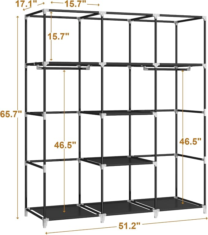 51" Portable Wardrobe Closet, Clothes Organizer, 8 Shelves 2 Rods, Black - Image 6
