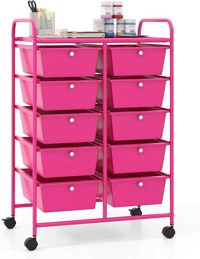 Giantex 10 Drawers Rolling Cart, Classroom Organizers, Storage Cart with Wheels, for Teacher Office Home School Supplies Tool Craft Art Paper, Hot Pink by Giantex
