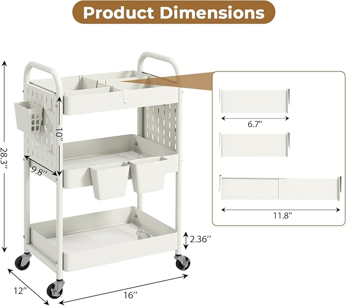 danpinera Craft Cart, Black Rolling Cart with Retractable Dividers & DIY Pegboards for Kitchen, Bedroom, Laundry - Image 2